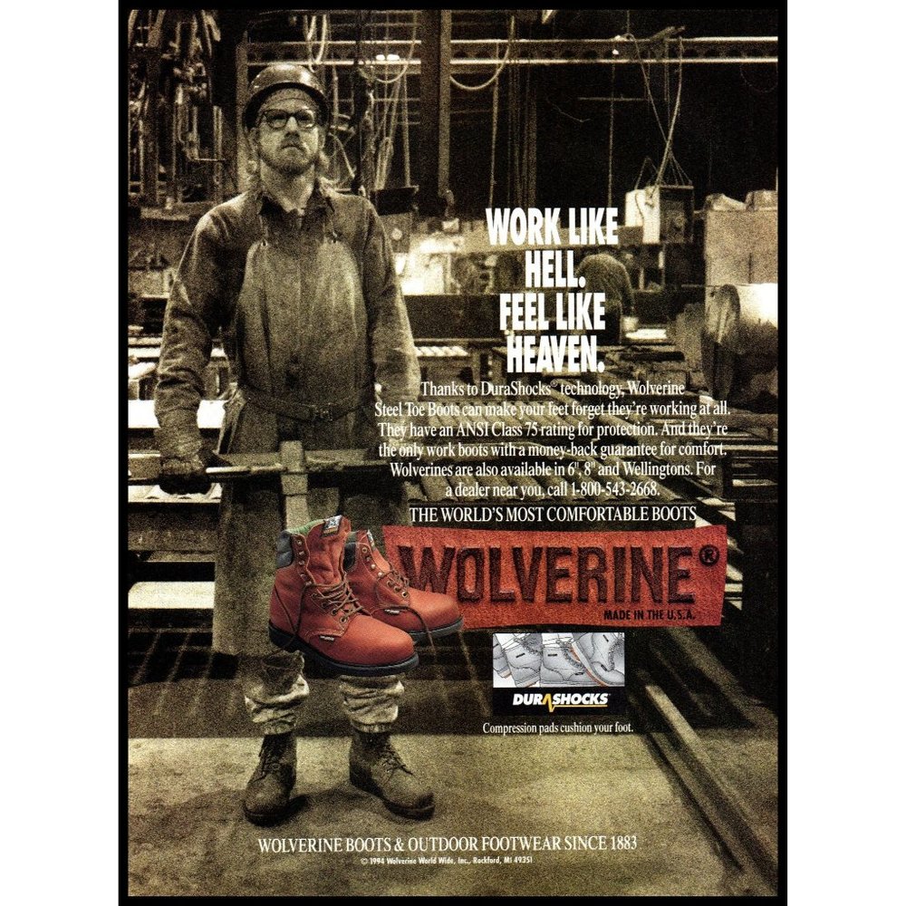 1994 Wolverine Durashocks Work Boots Vintage Print Ad Factory Worker Wall Art